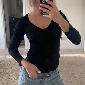 Vintage 90s Y2K Assemblage Mesh Plunge Long Sleeve Top‎